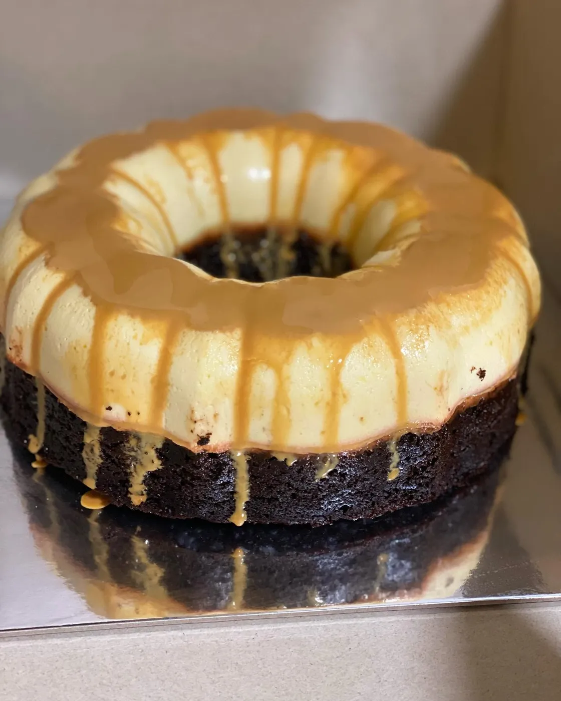 Chocoflan with caramel drizzle