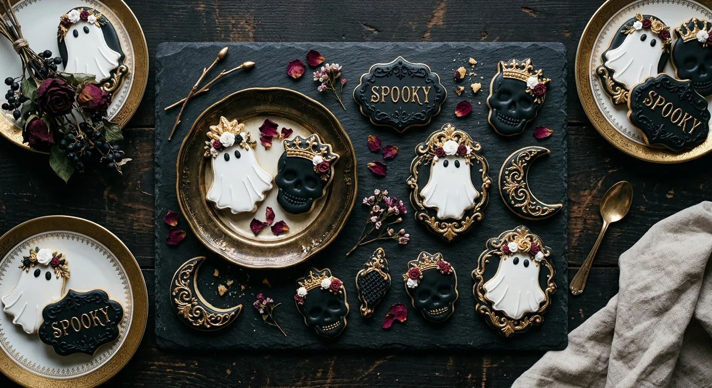 Hand-decorated ghost and moon cookies arranged on dark plates — Classic Cookie Box, Horror Ghouls Bakery Yuma