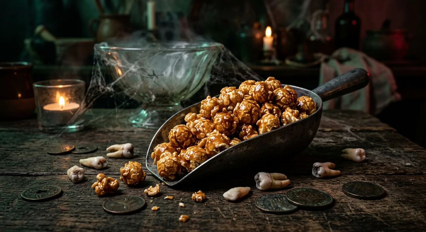 Caramel puffercorn in a vintage metal scoop by candlelight — Horror Ghouls Bakery Yuma AZ